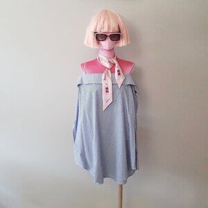 EUC Unknown brand white & blue stripe cotton blouse with statement neckline